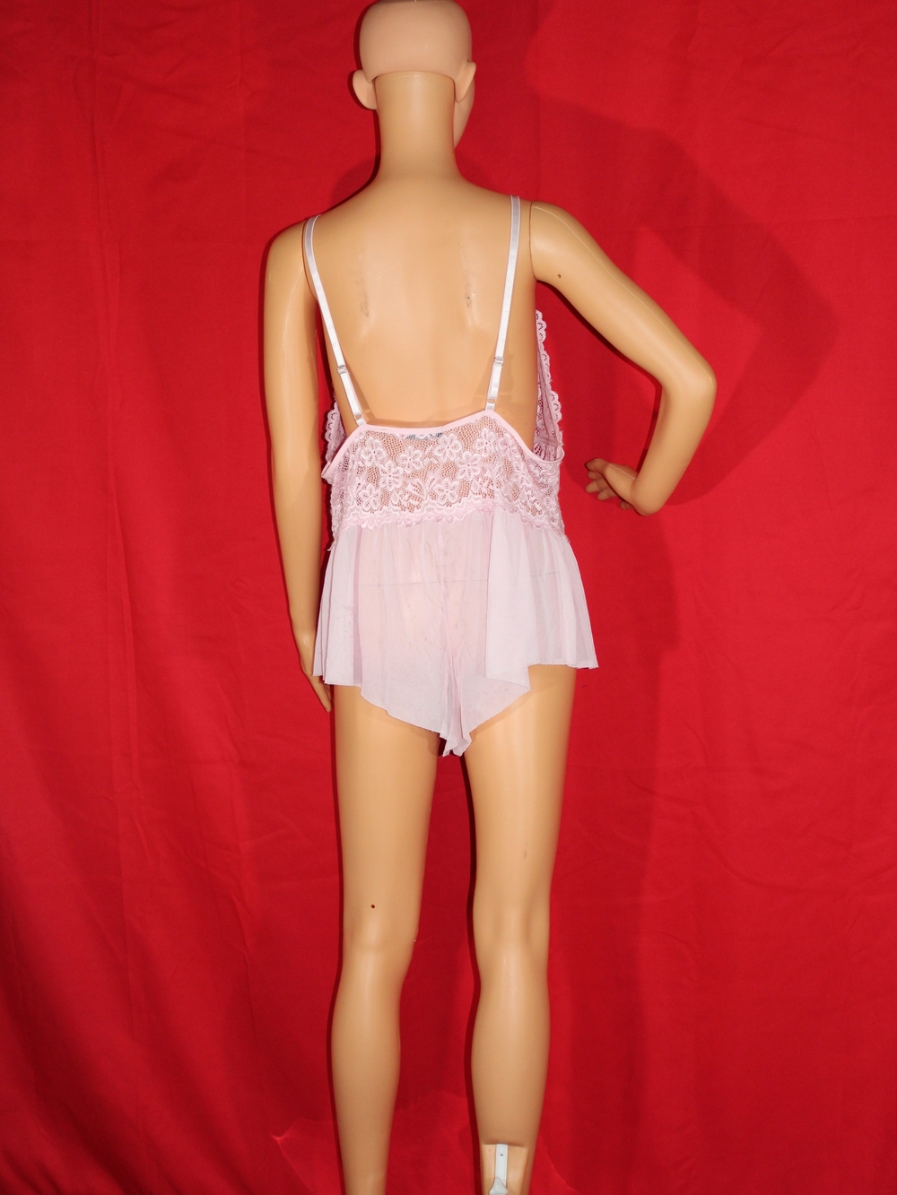 Sheer Lace and Mesh Babydoll Chemise - Light Pink - Picture 4 of 6